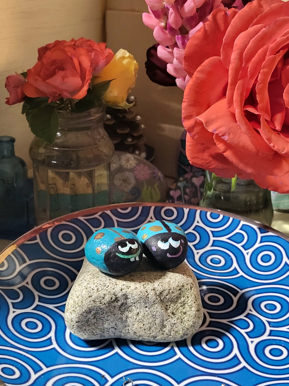 Hand-Painted Blue and Gold Decorative Ladybug Stone Set - Home Accents - Picture 3 of 10